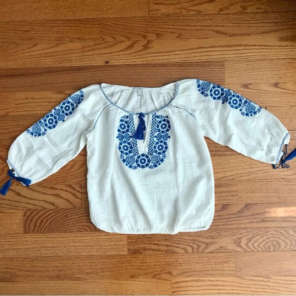 J.CREW Resort Boho Cotton 3/4 Sleeves Embroidered White Blue Top Women’s Size XS